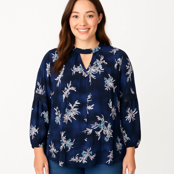 Lane Bryant 14/16 Navy Blue Floral Crinkle Crepe Blouse Keyhole Embroidered Boho - Picture 1 of 9
